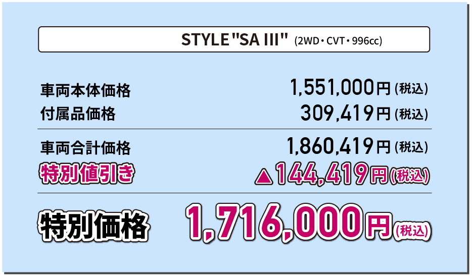 STYLE"SA III"(2WD・CVT・996cc) 特別価格1,760,000円(税込)